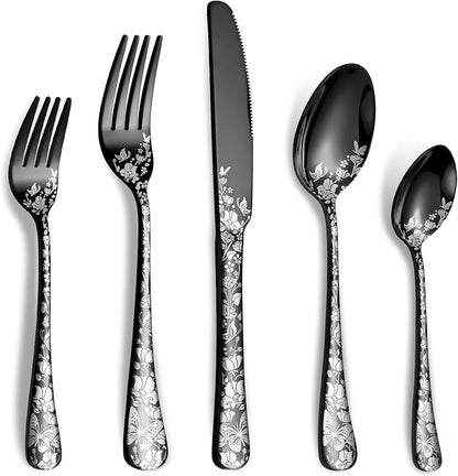 40 Piece Black Silverware Set, Stainless Steel Flatware Cutlery Set Service by Remoxye