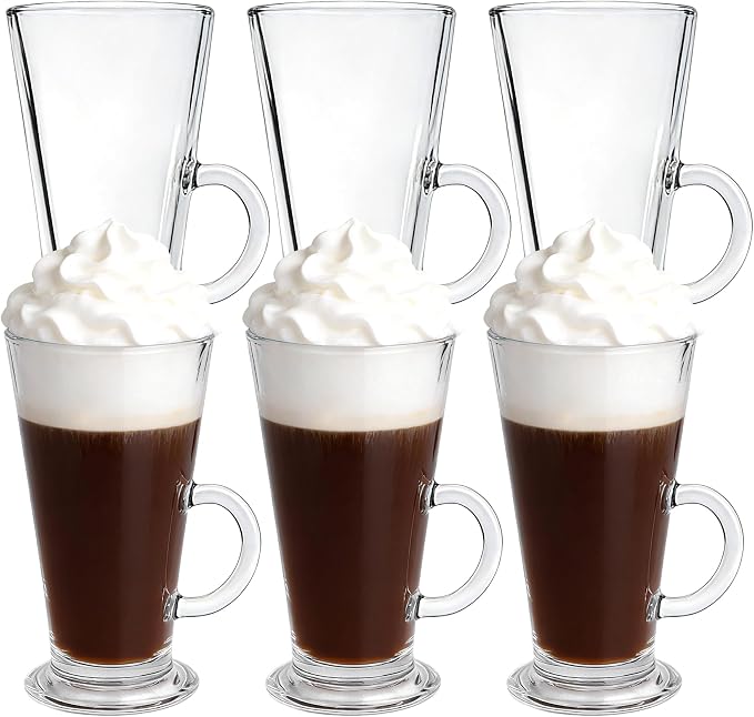 6 Pack Tall Irish Coffee Mugs - 9oz Irish Coffee Glasses - Clear Mugs by Vitrignis
