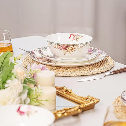 Dinnerware Sets, Plates Set, with Bowls, Artistic 12-Piece Ceramic Dinnerware, for Home Restaurant, Chip and Scratch Resistant, Microwave and Dishwasher Safe, Rose Collection