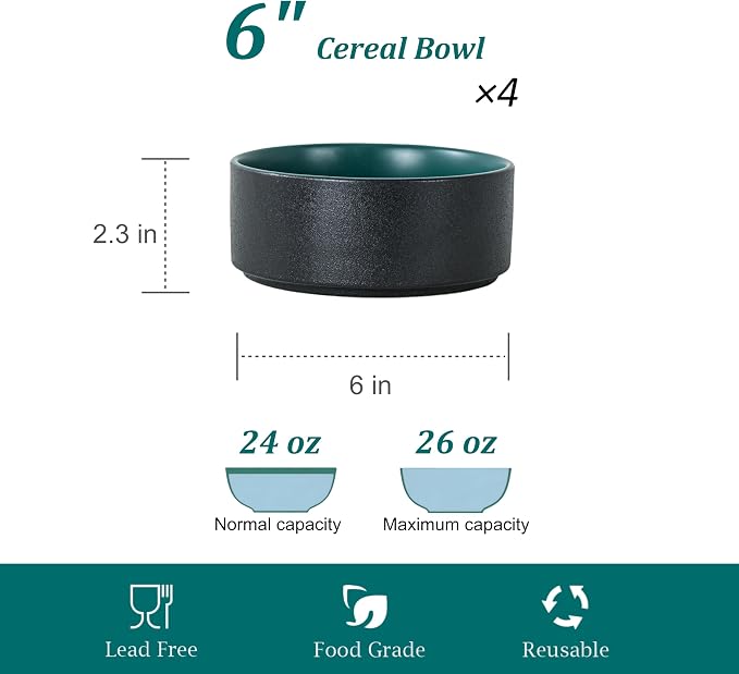 26 OZ Ceramic Cereal Bowls Set, 6 Inch, Modern Green | Handcrafted, Dishwasher - Image 3
