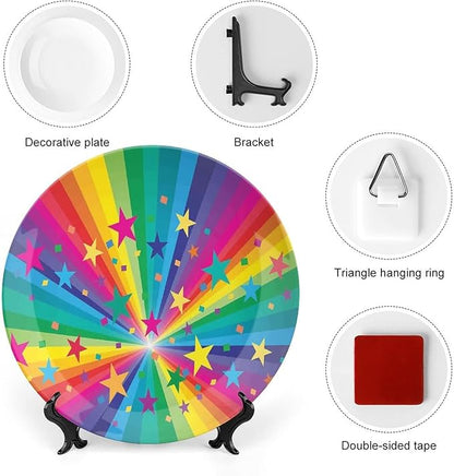 Ceramic Plates, Abstract Decor Decorative Ceramic Plates, Abstract Rainbow and Stars Confetti Rays Striped, 10 Inch, Household Plates Decorative, Multy