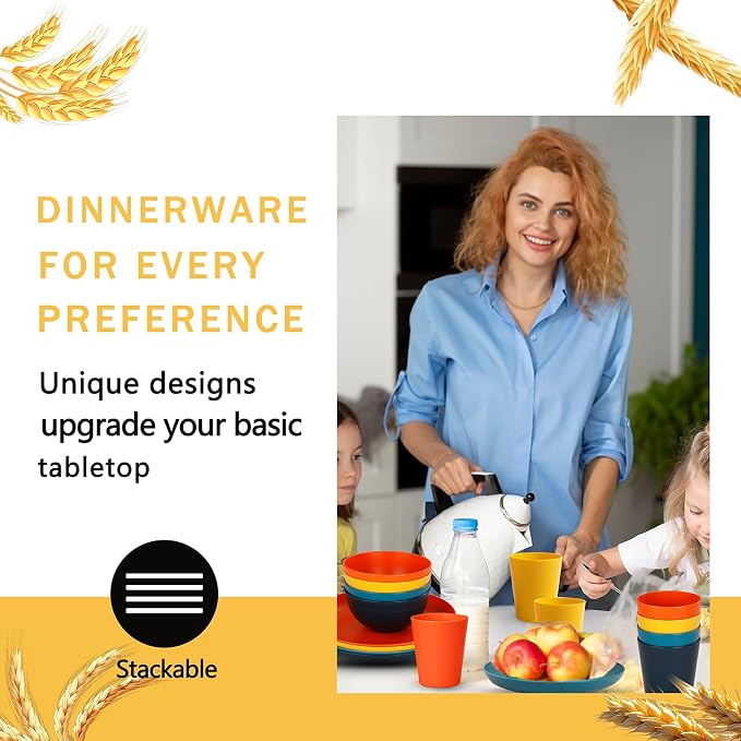 Rubtlamp Wheat Straw Dinnerware Set, Plastic Plates Set Reusable Include Dinner - Image 7