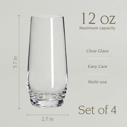 over&back 12oz Traditional Glassware - Set of 4 Classic Stemless Drinking Glasses for Parties, Get-togethers, and More - Mouth-Blown - Wine Cups for Kitchen and Dining Room - Clear