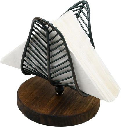 OwlGift Freestanding Modern Napkin Holder w/Golden Turquoise Wrought Iron Leaf & Brown Wooden Base Design, Tabletop Tissue Dispenser, Napkin Storage Organizer