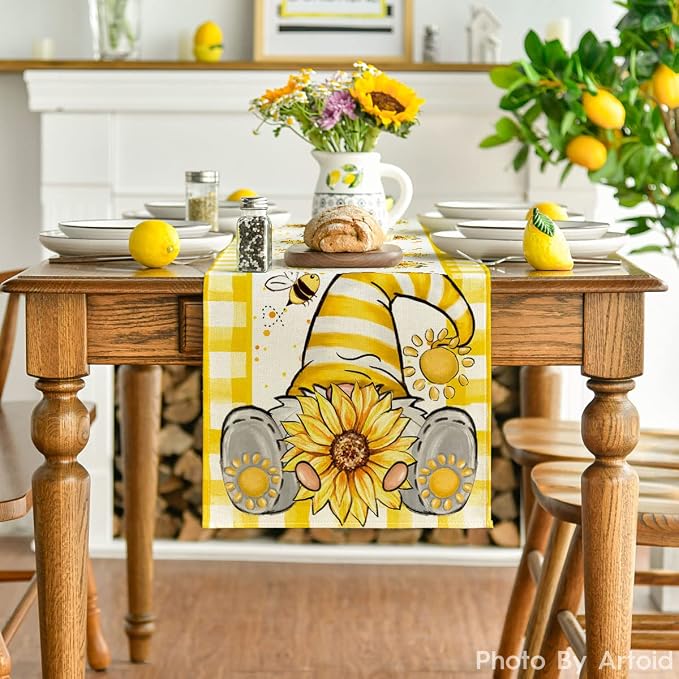 Artoid Mode Yellow Buffalo Plaid Sunflower Gnome Bee Summer Table Runner - Image 2