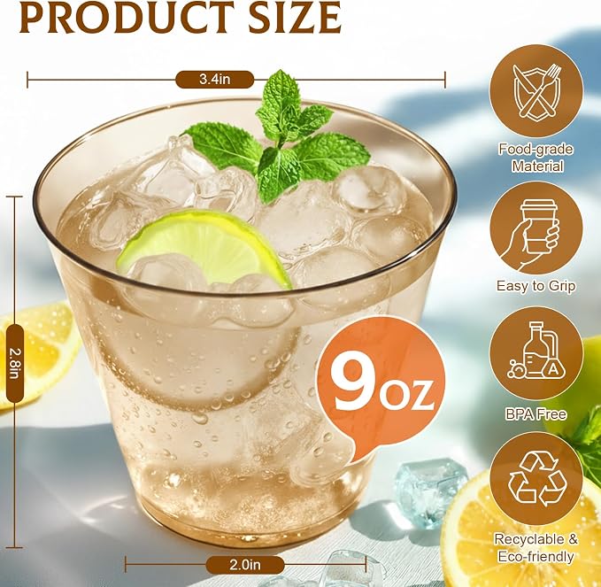 Glowserve 9 OZ Brown Disposable Plastic Cups Cocktail Cup 50 Pack | Fancy - Image 4
