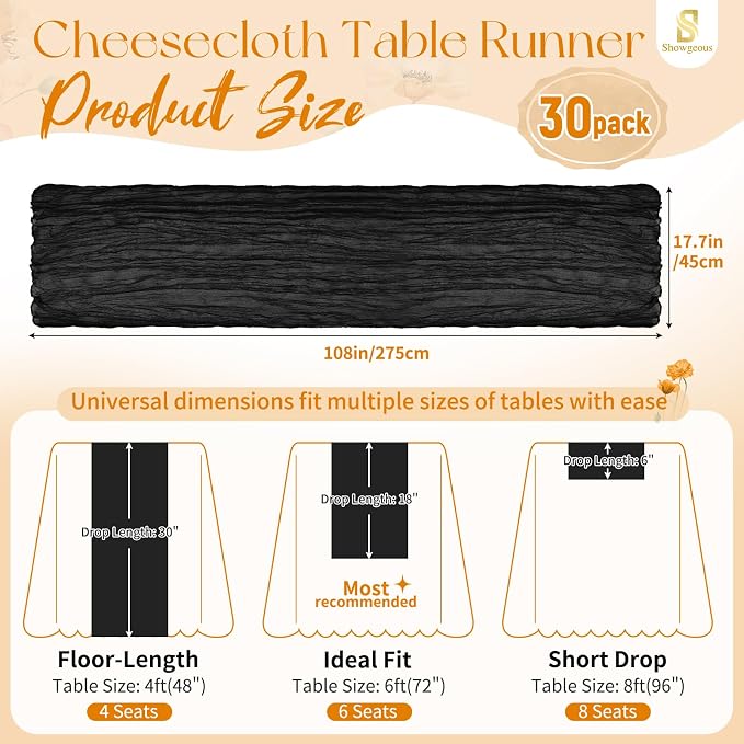 Showgeous 30 Pack Black Cheesecloth Table Runner, 17 x 108 Inches | Boho - Image 2