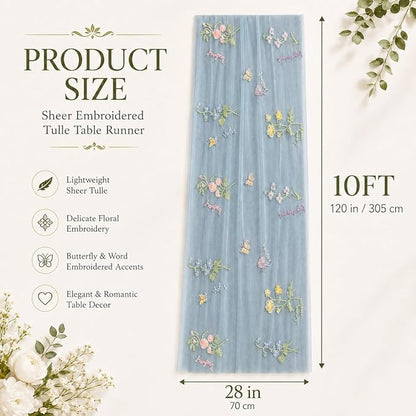 Wildflower Tulle Table Runner Butterfly Floral Wedding Party Home Decor | Blue - Image 3