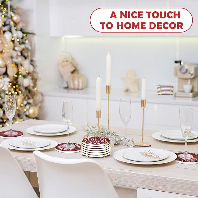 Christmas Coasters Set of 6, Absorbent Ceramic Xmas Holiday Drink Coasters | 4 - Image 4