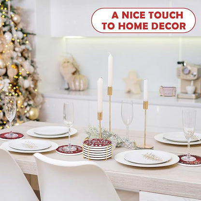 Christmas Coasters Set of 6, Absorbent Ceramic Xmas Holiday Drink Coasters | 4 - Image 4