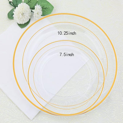 I00000 60 Pcs Clear Gold Plastic Plates, Gold Disposable Plates Includes: 30 Dinner Plate 10.25" and 30 Dessert Plate 7.5 ", Premium Clear Plate Prefect for Wedding and Gold Plates Party/Birthday