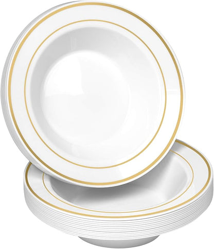 100 Disposable White Gold Trim Plastic Soup Bowls | 14 oz. Premium Heavy Duty Disposable Dinnerware with Real China Design | Safe & Reusable and Great for Parties or Weddings. (50-Pack) Gold