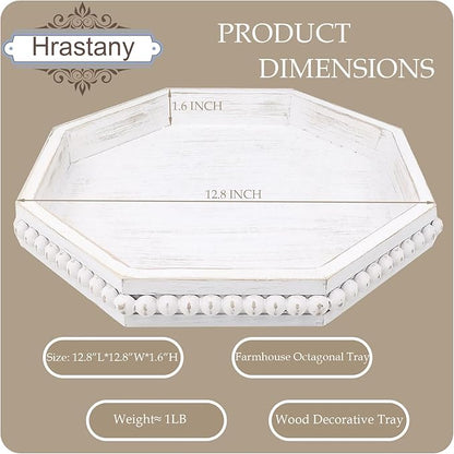Whitewashed Octagonal Wood Decorative Tray, Small Farmhouse Wooden Serving Tray with Beads, Versatile Shabby Chic Coffee Table Tray for Kitchen Counter, Ottoman, Living Room