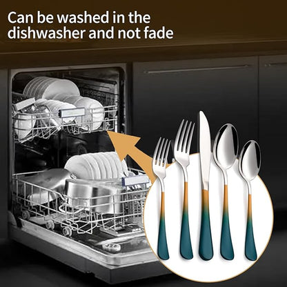 20-Piece Green Orange Silverware Set 18/0 Stainless Steel Silverware Set Green Orange Handle Cutlery Set Service for 4 Dinner Knives Forks Spoons Set Flatware Set Finish Dishwasher Safe