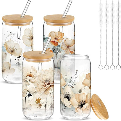 Mumufy 4 Pack Wildflower Glass Cups Gift Aesthetic Cute Glass Cup Tumbler by Mumufy