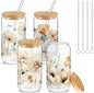 Mumufy 4 Pack Wildflower Glass Cups Gift Aesthetic Cute Glass Cup Tumbler by Mumufy