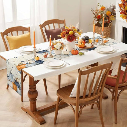 Blue Pumpkins Fall Table Runner 72 Inches Long, Thanksgiving Eucalyptus Leaves - Image 6