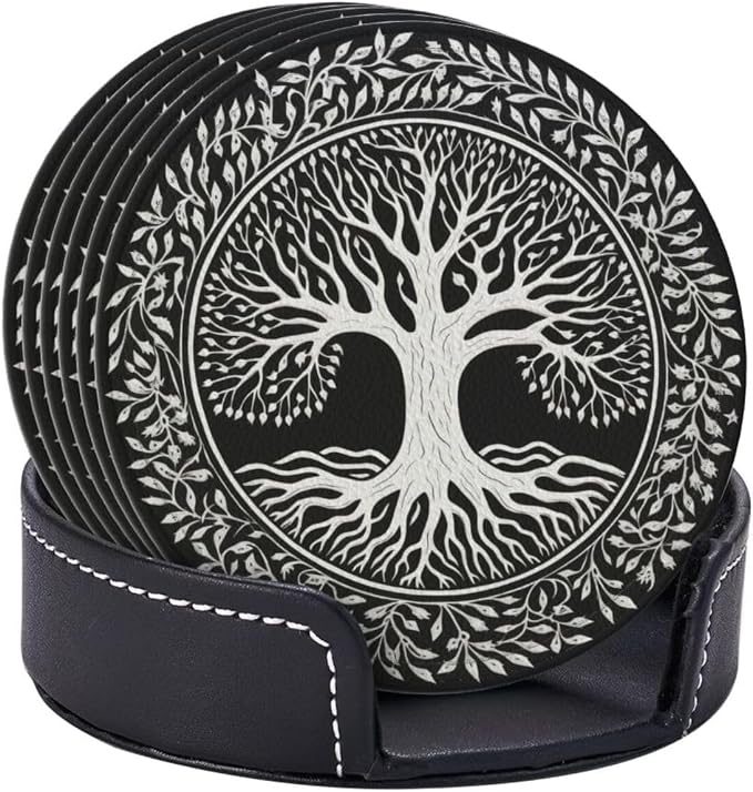 Drink Coasters with Holder Stand Set of 6, Tree of Life Stamp Pu Leather - Image 2