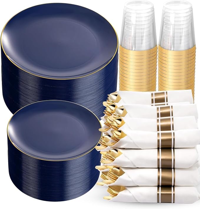 KIRE 350Pcs Blue and Gold Plates -Heavy Duty Navy Blue Dinnerware Set by KIRE