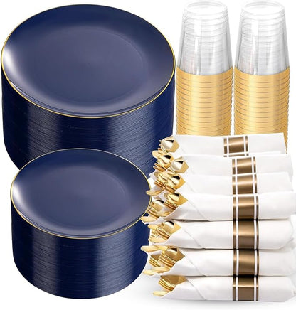 KIRE 350Pcs Blue and Gold Plates -Heavy Duty Navy Blue Dinnerware Set by KIRE