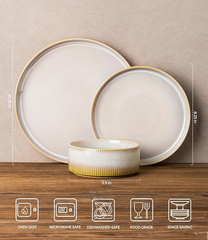 Ceramic Dinnerware Set for 4, 12-Piece Plates and Bowls Set | Lightweight - Image 2