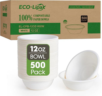 500 Pack 12 oz Paper Bowls Disposable, Compostable Bowls, Biodegradable by ECOLipak