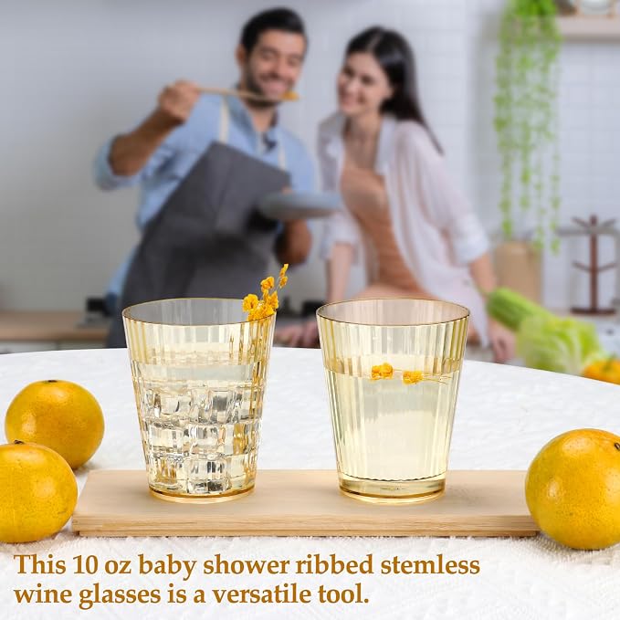 24 PCS Plastic Ribbed Drinking Glasses 10oz Gold Vintage Ripple Stemless Wine - Image 5