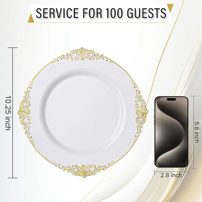 Nervure 100Pcs White and Gold Plastic Plates - 10.25Inch Gold Disposable Plates - Heavyweight Dinner Plate for Wedding & Party