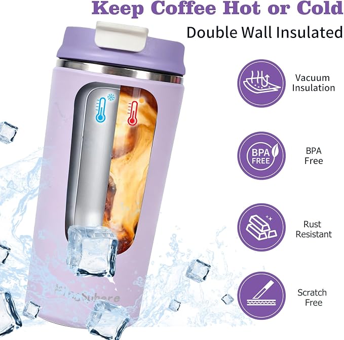 12oz Insulated Stainless Steel Coffee Cup, Lavender Purple | Travel Coffee Mug - Image 4