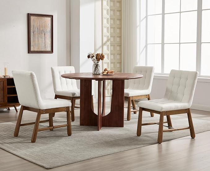 CIMOTA Modern Tufted Dining Chairs Set of 2 for Kitchen, Farmhouse White Linen Fabric Kitchen & Dining Room Side Chairs with Cushion Back, Oak Wooden Frame, Thickened Upholstered