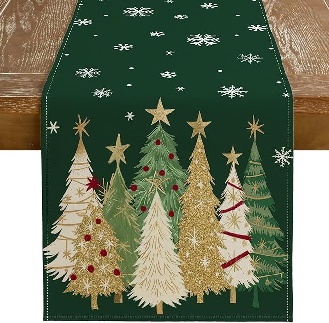 Christmas Table Runner 13x90 Inch, Xmas Trees Snowflakes Holiday Decorative by GEEORY
