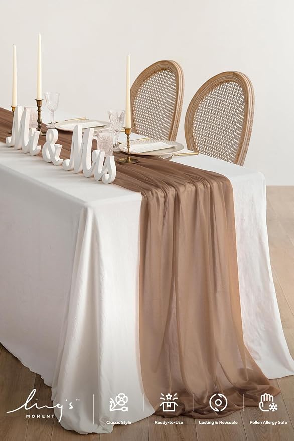 Ling's Moment 14Ft Brown Sheer Chiffon Like Table Runner | Rust Tablecloth - Image 2