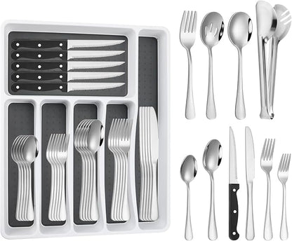 53PCS Silverware Set for 8 with Flatware Drawer Organizer, Stainless Steel Cutlery Set with Steak Knives, Include Spoons and Forks Set & Serving Utens, Dishwasher Safe, Heavy Duty, Silver