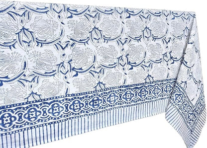 ATOSII ‘Santorini’ 100% Cotton Fall Tablecloth, Handblock Print Blue Rectangle Table Cloth for Kitchen I Dining Table Linen I Parties Wedding Christmas Thanksgiving I Fall Decor 60 X 90 Inches