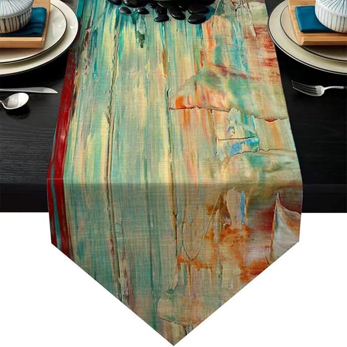 Green Teal Abstract Modern Art Table Runner 13x72 Inch Rustic Wood Texture by ZCHOMI