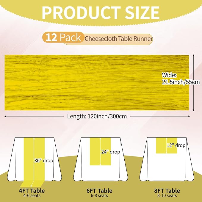 12 Pcs Lemon Yellow Cheesecloth Table Runner 10Ft, Gauze Table Runners 21.5 x - Image 2