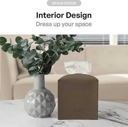 Carrotez Tissue Box Cover, [Refined] Modern PU Leather Square Tissue Box Holder - Decorative Holder/Organizer for Bathroom Vanity Countertop, Night Stands, Office Desk & Car 5"X5"X5" - Cocoa Brown