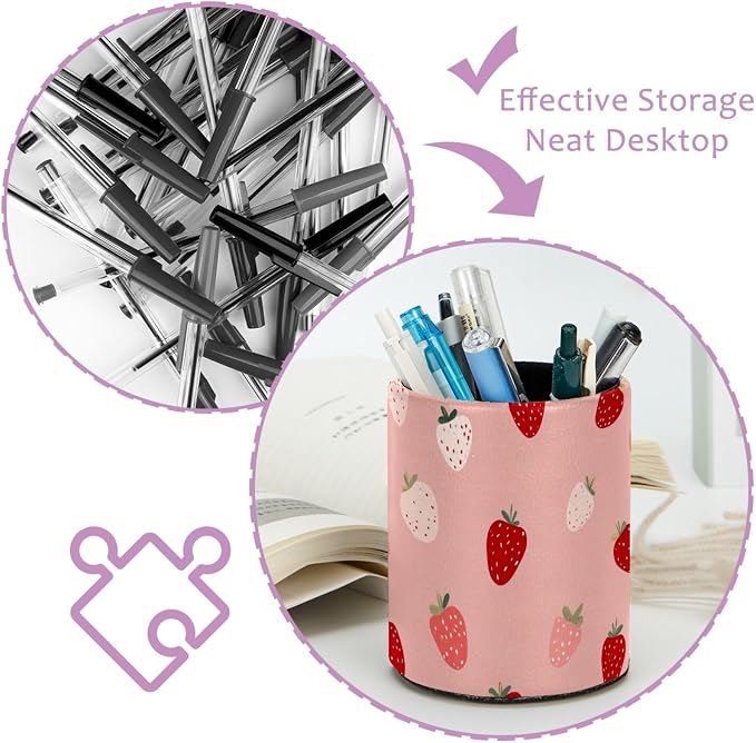 Leather Pen Holder for Desk, Cute Strawberries Print Pencil Cup Pen Organizer - Image 4