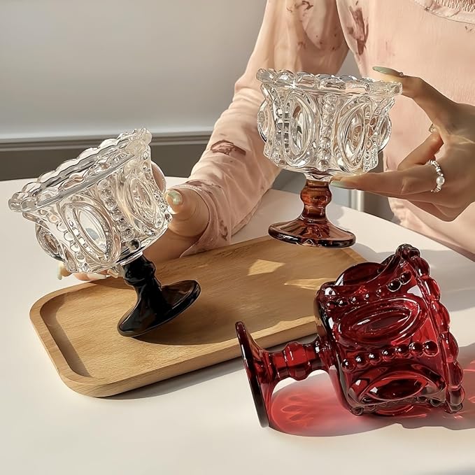 Carnival Glass Vintage Footed Dessert Cups Set of 2, 9oz Embossed Goblet - Image 4
