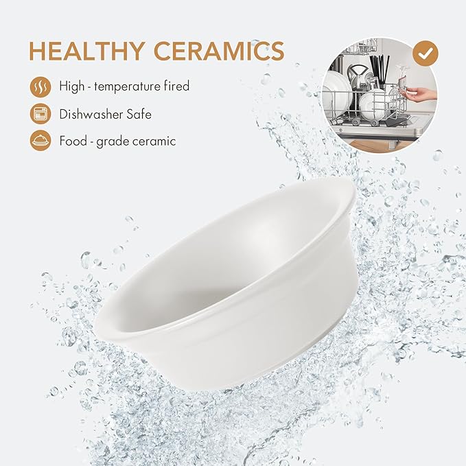 Ceramic 6.3inch Set of 2 Dog Bowls, 2pcs Basic 1.5 Cup Food or 15 oz Water Dishes for Small Dogs, Wide Opening Rounded Edge (2 Bowls, Matt White)