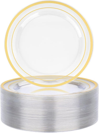 BESTVIP 50PCS 7" Clear Gold Plastic Plates, Disposable Salad Dessert Plate with Gold Rim for Christmas, Thanksgiving, Heavy Duty Disposable Plastic Plates for Party, Wedding and Birthday, Events