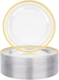 BESTVIP 50PCS 7" Clear Gold Plastic Plates, Disposable Salad Dessert Plate with Gold Rim for Christmas, Thanksgiving, Heavy Duty Disposable Plastic Plates for Party, Wedding and Birthday, Events