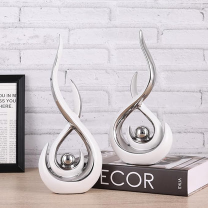Ceramic Abstract 2 Piece Statue Set, White and Silver Home Decor Accents for Home Decor Statue Mantle Shelf Unique Decor, TV Cabinet Partition Table Top and Dining Table Centerpiece.