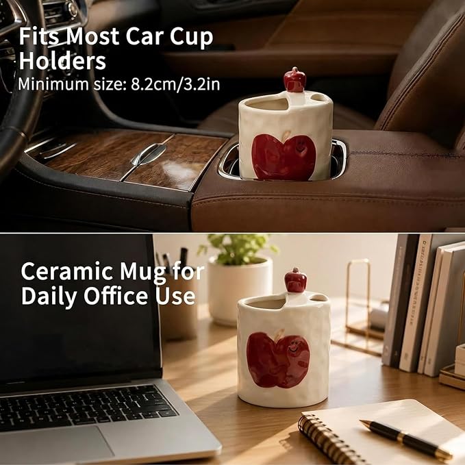 Ceramic Travel Mug with Half Lid, Apple Design Handmade Pottery Coffee Cup 12oz - Image 5
