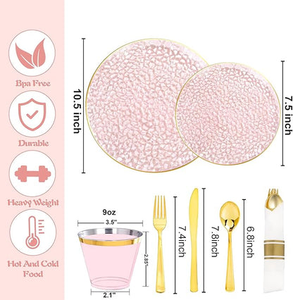 Rubtlamp 700Pcs Pink Gold Plastic Plates, Fancy Hammer Party Plate, Pink Plastic Dinnerware Set Include 100 Dinner Plates,100Salad Plates,100Cups,100Pre Rolled Gold plastic Silverware for Party