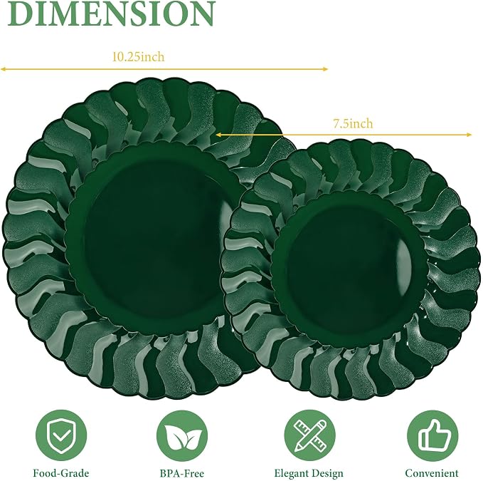 Lullaby 60PCS Green Scalloped Plastic Plates, Disposable Plates - Image 2