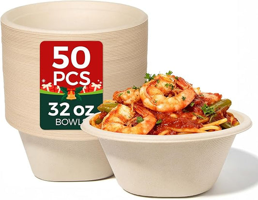 32 Oz [50 Pack] Heavy Duty Deep Paper Bowls - Disposable and Compostable - Made from Eco-friendly Sugarcane Bagasse - Biodegradable Bowls for Soup, Salad, Dessert, Ice Cream