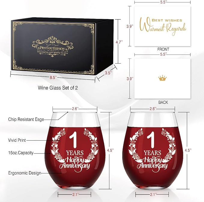 Perfectinsoy 1 Years Happy Anniversary Wine Glass Set of 2, Happy 1th - Image 2
