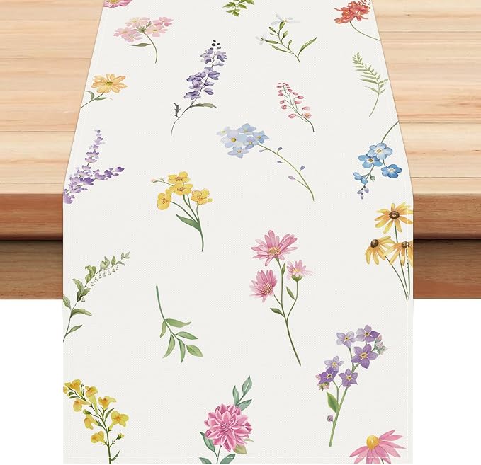 Bonhause Spring Floral Leaves Table Runner 13x72 Inch Colorful Wildflowers by Bonhause