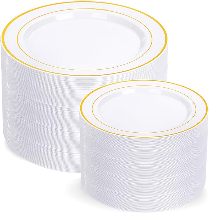200 Pcs Gold Plastic Plates, Premium Disposable Gold Plates | Gold Rimmed by I00000